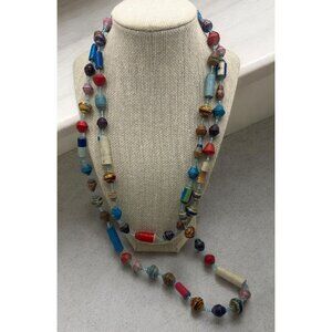 Vintage Handmade Multicolor Seed Beaded Necklace Artisan Design Paper Beads 52"
